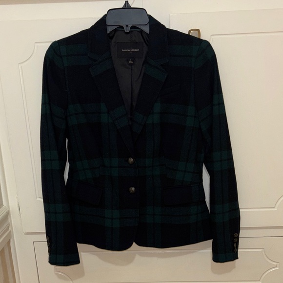 Banana Republic Dark Green and Black Plaid Tailored Blazer - Picture 3 of 10